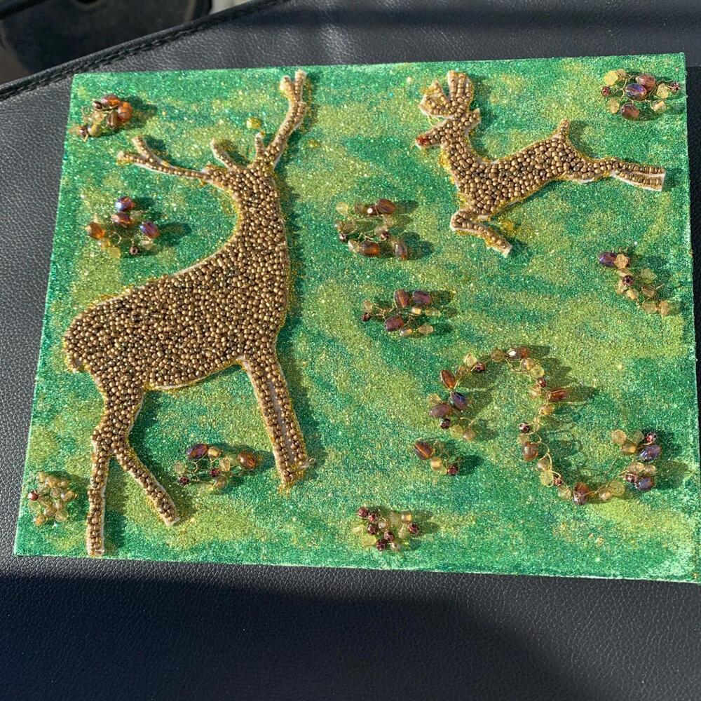 Gemstone Art Handmade Picture Beads Deer Winter Christmas Artistic Wall Painting